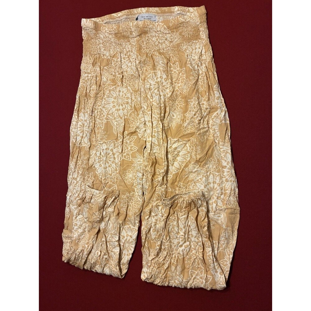 Lotus and Luna Women's Rayon Harem Pants Floral Tan/White Pockets Elastic